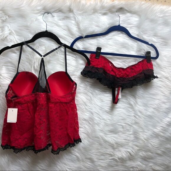 NWT Linea Donatella Intimates Camidoll & Thong Red w/ Black Lace Trim - Picture 5 of 15